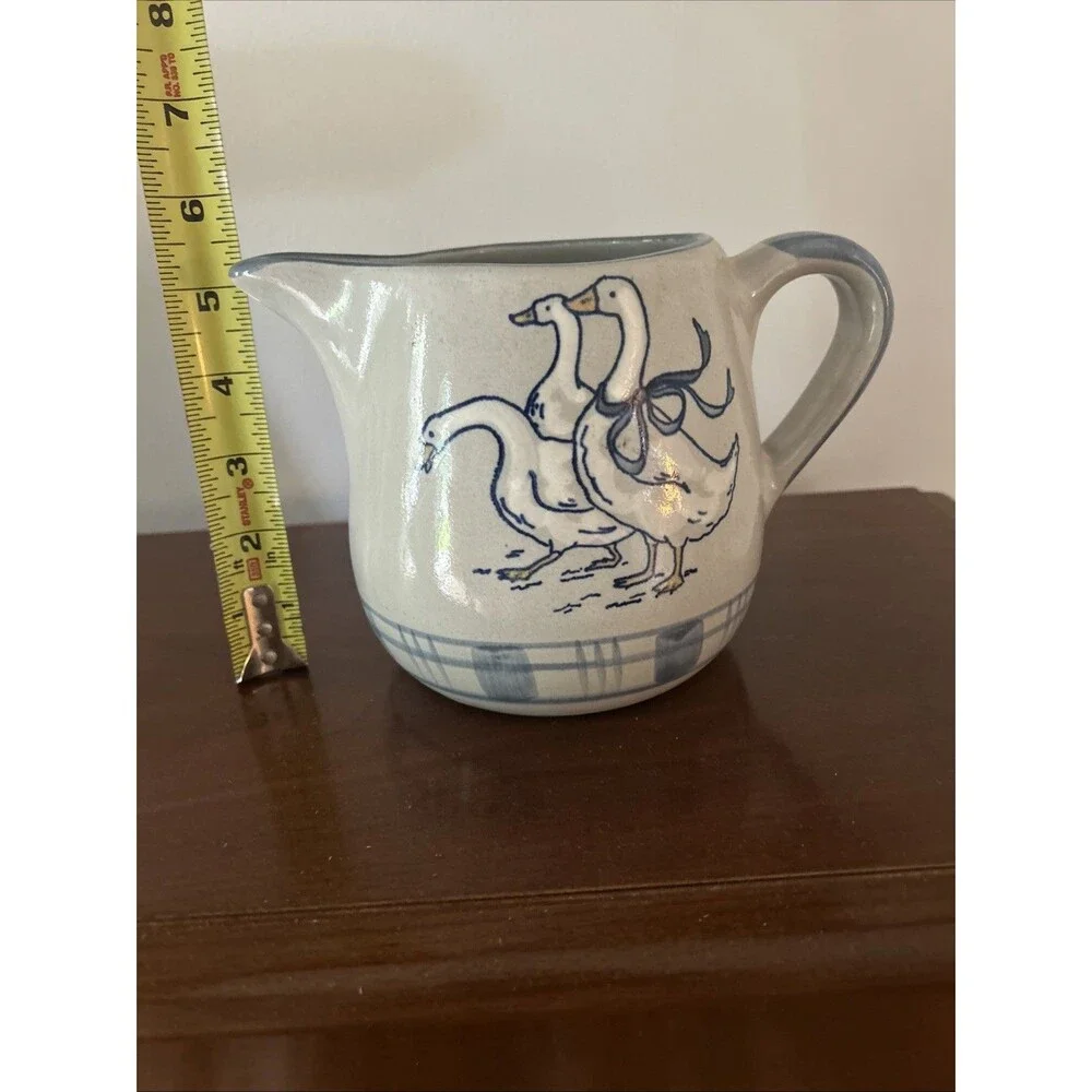 Louisville Stoneware Small Hand Painted Pottery Pitcher Gray / Blue - 3 Geese